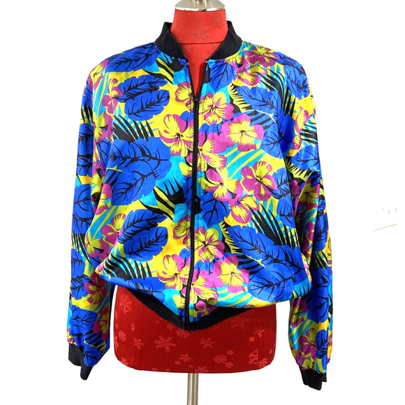 Retro 1980s silky bomber jacket zip front pockets 12 Impressions California USA - Picture 9 of 11